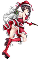 Rule 34 | 1girl, absurdres, ass, bag, bare shoulders, black hair, christmas, covered erect nipples, date a live, full body, gloves, gun, hat, highres, holding, holding bag, holding gun, holding weapon, long hair, looking at viewer, red eyes, red footwear, red gloves, sack, santa hat, simple background, smile, solo, string, string of fate, tokisaki kurumi, twintails, weapon, white background, yellow eyes, yulan jiujian