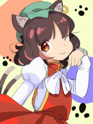 Rule 34 | 1girl, ;3, animal ear piercing, animal ears, bow, bowtie, brown eyes, brown hair, cat ears, cat tail, chen, commentary request, earrings, flat chest, green hat, hand up, harakune (mugennero), hat, highres, jewelry, juliet sleeves, light blush, long sleeves, looking at viewer, mob cap, multiple tails, nekomata, one eye closed, paw pose, paw print, paw print background, puffy sleeves, red skirt, red vest, short hair, simple background, single earring, skirt, skirt set, solo, tail, touhou, two tails, upper body, vest, white bow, white bowtie