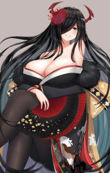 Rule 34 | 1girl, ass, azur lane, bare shoulders, black fur, black hair, black kimono, breasts, brown eyes, cleavage, flower, folding fan, friedrich der grosse (azur lane), friedrich der grosse (dark raiments of gagaku) (azur lane), fur-trimmed kimono, fur trim, hair flower, hair ornament, hair over one eye, hand fan, highres, holding, holding fan, horn ornament, horns, huge breasts, japanese clothes, kimono, long hair, long sleeves, looking at viewer, mechanical horns, minoshi, nail polish, off shoulder, official alternate costume, pantyhose, paper fan, parted lips, red flower, red horns, red nails, simple background, sitting, smile, solo, very long hair, wide sleeves