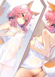 Rule 34 | 1girl, absurdres, animal ear fluff, animal ears, artist logo, artist name, ass, back, bare shoulders, black hairband, blush, breast hold, breasts, commentary, covered navel, fate/extra, fate/extra ccc, fate (series), fox ears, fox girl, fox tail, hair between eyes, hairband, hand on own chest, highres, long hair, looking at mirror, low twintails, medium breasts, mirror, motion lines, pink hair, see-through, sidelocks, solo, tail, tamamo (fate), tamamo no mae (fate/extra), towel, twintails, wet, wet towel, wisespeak, yellow eyes