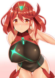 Rule 34 | 1girl, black one-piece swimsuit, blush, breasts, competition swimsuit, covered navel, earrings, female focus, fingerless gloves, gloves, gluteal fold, headpiece, jewelry, large breasts, looking at viewer, matching hair/eyes, mythra (radiant beach) (xenoblade), nintendo, nose blush, one-piece swimsuit, pyra (pro swimmer) (xenoblade), pyra (xenoblade), red eyes, red hair, short hair, sidelocks, simple background, solo, swept bangs, swimsuit, tiara, white background, xenoblade chronicles (series), xenoblade chronicles 2, zukky
