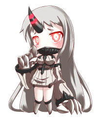 Rule 34 | 10s, 1girl, abyssal ship, claws, detached sleeves, dress, erusen (des-arms), horns, kantai collection, long hair, looking at viewer, pale skin, ribbed dress, ribbed sweater, seaport princess, short dress, silver hair, single horn, solo, sweater, sweater dress, very long hair