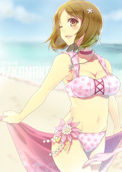 Rule 34 | 10s, 1girl, adapted costume, bad id, bad pixiv id, beach, bikini, breasts, brown eyes, brown hair, choker, cleavage, day, flower, idolmaster, idolmaster cinderella girls, jewelry, medium breasts, mimura kanako, navel, necklace, one eye closed, open mouth, pink bikini, pochi (pochi-goya), polka dot, polka dot bikini, polka dot swimsuit, sand, short hair, smile, solo, swimsuit, undressing, wink