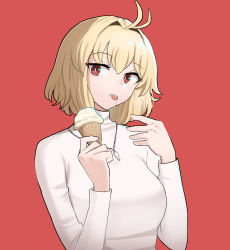 Rule 34 | 1girl, antenna hair, arcueid brunestud, blonde hair, breasts, food, hair intakes, highres, holding, holding food, ice cream, jewelry, large breasts, long sleeves, looking at viewer, mata (matasoup), pendant, red background, red eyes, short hair, simple background, solo, tongue, tongue out, tsukihime, upper body