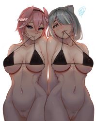 Rule 34 | 2girls, absurdres, animal ears, bikini, bikini top only, blue eyes, blush, bottomless, breasts, cleft of venus, female pubic hair, grey eyes, hair between eyes, head wings, highres, hololive, large breasts, lion ears, lion girl, looking at viewer, mouth hold, multiple girls, myth1carts, navel, pink hair, pubic hair, pussy, shishiro botan, silver hair, simple background, strap pull, swimsuit, takane lui, virtual youtuber, wings