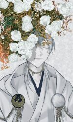 Rule 34 | 1boy, absurdres, closed eyes, closed mouth, colored eyelashes, colored skin, facing viewer, flower, highres, japanese clothes, jewelry, light smile, male focus, mizu (vtrcz8), necklace, rose, shadow, short hair, simple background, single tear, solo, touken ranbu, tsurumaru kuninaga, upper body, white flower, white hair, white rose, white skin, white theme