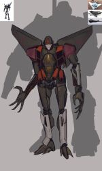 Rule 34 | aircraft, airplane, commentary, decepticon, english commentary, f-117 nighthawk, fighter jet, grey background, head tilt, highres, jet, looking at viewer, mecha, military, military vehicle, no humans, open hands, red eyes, redesign, reference inset, robot, silhouette, starscream, transformers, transformers prime, tungsten hale