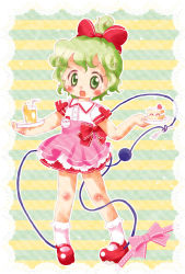 Rule 34 | 1girl, :o, blush, bobby socks, border, bow, cake, cup, dress, drinking glass, drinking straw, food, fork, full body, green eyes, green hair, hair bow, holding, holding plate, holding tray, komeiji koishi, lace, lace border, mary janes, name tag, ornate border, pigeon-toed, pink bow, plate, red bow, red footwear, shoes, short sleeves, socks, solo, strawberry shortcake, striped, striped background, third eye, topknot, touhou, tray, white socks, zatsuni