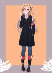 Rule 34 | 1girl, 4thrabbit, absurdres, alternate costume, armband, azur lane, blonde hair, blowing on hands, blush, boots, casual, chinese commentary, cleveland (azur lane), commentary request, fingerless gloves, full body, gloves, hand in pocket, highres, jacket, leggings, long hair, looking at viewer, one side up, pantyhose, red eyes, ribbed sweater, snow, standing, sweater, unmoving pattern, very long hair