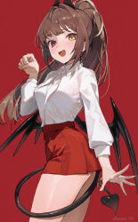Rule 34 | 1girl, absurdres, brown hair, collared shirt, commission, cowboy shot, demon girl, demon horns, demon tail, demon wings, dress shirt, earrings, fang, hand up, heterochromia, high-waist skirt, highres, horns, jewelry, long hair, long sleeves, looking at viewer, low wings, miniskirt, open mouth, original, pleated skirt, ponytail, red background, red eyes, red skirt, shirt, shirt tucked in, simple background, skeb commission, skirt, smile, solo, sooon, standing, tail, thighs, white shirt, wings, yellow eyes