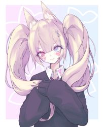 Rule 34 | 1girl, animal ear fluff, animal ears, bad id, bad pixiv id, black sweater, blonde hair, blue eyes, blunt bangs, blush, border, buran (kure), closed mouth, collared shirt, commentary request, facial mark, fingernails, fox ears, gradient background, hair between eyes, hair ornament, head tilt, heart, heterochromia, highres, long hair, long sleeves, looking at viewer, nail polish, original, puffy long sleeves, puffy sleeves, purple nails, red eyes, school uniform, shirt, sleeves past wrists, smile, solo, sweater, symbol-shaped pupils, twintails, two-tone background, upper body, v, white border, white shirt