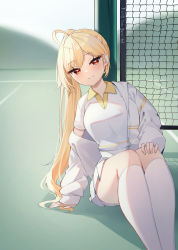 Rule 34 | 1girl, absurdres, ahoge, blonde hair, breasts, character name, collared shirt, hand on own knee, head tilt, highres, jacket, jingburger, light smile, long hair, long sleeves, looking at viewer, medium breasts, miniskirt, off shoulder, open clothes, open jacket, pleated skirt, ponytail, red eyes, shirt, short sleeves, skirt, solo, sportswear, tennis court, tennis uniform, thighhighs, very long hair, virtual youtuber, waktaverse, white jacket, white shirt, white thighhighs, ziro (zirorong)