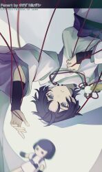 Rule 34 | 1boy, bishounen, black eyes, black hair, doll, from above, genshin impact, highres, japanese clothes, kimono, male focus, okkobc, red rope, rope, scaramouche (genshin impact), short hair, simple background, solo, white background