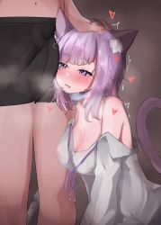 Rule 34 | 1boy, 1girl, animal ears, bare shoulders, blush, boxers, breasts, breath, bulge, cat ears, cat girl, cat tail, cleavage, covered erect nipples, dress shirt, erection, erection under clothes, hand on another&#039;s head, head out of frame, heart, highres, hololive, imminent fellatio, kagami moch, large breasts, light purple hair, male underwear, nekomata okayu, open mouth, purple eyes, shirt, shirt slip, sweat, tail, trembling, underwear, virtual youtuber
