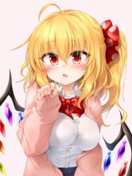 Rule 34 | 1girl, ahoge, alternate costume, blonde hair, blush, bow, bowtie, bra, crystal, fang, flandre scarlet, grey background, hair between eyes, hand up, highres, long hair, looking at viewer, marukyuu ameya, nail polish, one side up, open mouth, pink sweater, polka dot, polka dot bow, red bow, red bowtie, red nails, see-through, shirt, simple background, skin fang, sleeves past wrists, solo, sweater, touhou, underwear, upper body, white shirt, wings