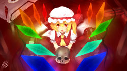 Rule 34 | 1girl, absurdres, bad id, bad pixiv id, blonde hair, blood, blood on face, flandre scarlet, hat, highres, hosoi sen, hosoisen614, looking at viewer, open mouth, red eyes, ribbon, short hair, side ponytail, skeleton, skull, smile, solo, spill, touhou, wings