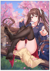 Rule 34 | 1girl, alternate costume, ass, atdan, azur lane, bad id, bad pixiv id, bag, bell, bench, black thighhighs, blue cardigan, blurry, blush, bottle, buttons, cardigan, unworn cardigan, cellphone, cherry blossoms, collarbone, collared shirt, crossed bangs, day, earbuds, earphones, earphones removed, earrings, feet, floating hair, glint, hair between eyes, hair ornament, hairclip, haruna (azur lane), haruna (free time before class) (azur lane), head tilt, highres, holding, holding earphones, jewelry, leaning in, legs up, long hair, long sleeves, looking at viewer, miniskirt, nail art, nail polish, necktie, no shoes, offering earphone, outdoors, panties, pantyshot, parted lips, petals, phone, pink nails, plaid, plaid skirt, pleated skirt, red necktie, red skirt, school bag, school uniform, shirt, shoes, signature, sitting, skindentation, skirt, solo, striped, striped necktie, swept bangs, thighhighs, thighs, toes, twintails, underwear, untucked shirt, very long hair, water bottle, white panties, white shirt, wind, wind lift