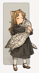 Rule 34 | 1girl, akai sashimi, animal, animal ears, black dress, blush, border, brown footwear, brown hair, cat ears, cat girl, cat tail, commentary request, dress, eel, closed eyes, full body, grey background, highres, holding, holding animal, leopard eel, long hair, long sleeves, original, shoes, signature, solo, standing, tail, white background, white legwear