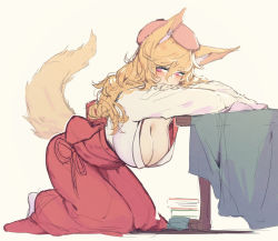 Rule 34 | 1girl, animal ears, at2., blonde hair, breasts, cleavage, closed mouth, crossed arms, fox ears, fox girl, fox tail, hanging breasts, highres, japanese clothes, large breasts, long hair, looking at viewer, miko, original, pink hair, smile, solo, tail