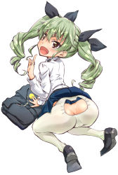 Rule 34 | 10s, 1girl, :d, absurdres, anchovy (girls und panzer), animal cutout, anus, anus peek, ass, ass cutout, black ribbon, brown eyes, cat cutout, clothing cutout, drill hair, fangs, girls und panzer, green hair, hair ribbon, highres, kneeling, long hair, looking at viewer, military, military uniform, open mouth, pantyhose, ribbon, school uniform, simple background, skirt, smile, solo, suzuki24, tongue, twin drills, uniform, white background, white pantyhose