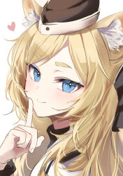 Rule 34 | 1girl, animal ear fluff, animal ears, arknights, black hat, blonde hair, blue eyes, blush, commentary, finger to cheek, hat, heart, highres, index finger raised, looking at viewer, one-hour drawing challenge, raramente, shirt, simple background, sketch, smile, solo, thick eyebrows, upper body, whislash (arknights), white background, white shirt