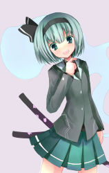 1girl adapted_costume alternate_costume bad_id bad_pixiv_id baraen contemporary female_focus ghost green_hair hair_ribbon head_tilt headband katana konpaku_youmu konpaku_youmu_(ghost) looking_at_viewer open_mouth ribbon school_uniform silver_hair simple_background smile solo sword touhou weapon