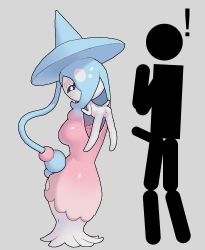 Rule 34 | !, 1boy, 1girl, anus, bent over, black sclera, blue hair, blue headwear, bright pupils, closed mouth, colored sclera, colored skin, creatures (company), dress, flat chest, full body, game freak, gen 8 pokemon, gradient hair, grey background, hat, hatterene, long hair, looking back, multicolored hair, nintendo, nude, penis, pink hair, pokemon, pokemon (creature), prehensile hair, pussy, shiny skin, simple background, smile, solo focus, stick figure, tosx, two-tone hair, very long hair, white eyes, white pupils, white skin, witch hat