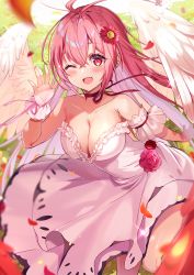 Rule 34 | 1girl, ;d, absurdres, bare shoulders, blush, collarbone, colored inner hair, detached sleeves, dress, feathered wings, felnemo, flower, frilled dress, frills, furry, grey hair, hand up, highres, leaning forward, leg up, long hair, looking at viewer, multicolored hair, neck ribbon, one eye closed, open mouth, original, petals, pink dress, pink flower, pink rose, red eyes, red hair, red ribbon, ribbon, rose, short sleeves, single detached sleeve, smile, solo, standing, standing on one leg, strapless, strapless dress, two-tone hair, very long hair, white wings, wings