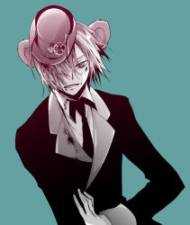 Rule 34 | 1boy, animal ears, bad id, bad pixiv id, badge, blood, blue background, fingernails, formal, grin, hair over one eye, hat, heart no kuni no alice, hirota yoda, long sleeves, looking at viewer, male focus, monochrome, mouse ears, necktie, pierce villiers, short hair, simple background, smile, solo, suit