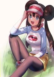 Rule 34 | 1girl, :d, blue eyes, blush, bow, breasts, brown hair, commentary request, creatures (company), desire (tbot7), double bun, doughnut hair bun, game freak, grass, hair bun, hand up, highres, nintendo, open mouth, pantyhose, pink bow, pokemon, pokemon bw2, raglan sleeves, rosa (pokemon), shoes, short shorts, shorts, sitting, smile, sneakers, solo, tongue, twintails, visor cap, yellow shorts