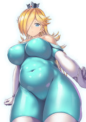 Rule 34 | 1girl, adapted costume, bare shoulders, belly, blue eyes, bodysuit, bracelet, breasts, bursting belly, crown, earrings, elbow gloves, gloves, hair over one eye, impossible clothes, jewelry, large breasts, long hair, mario (series), nagase haruhito, navel, nintendo, plump, rosalina, simple background, skin tight, solo, undersized clothes, white background, white gloves
