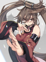 Rule 34 | 10mo, 1girl, bare shoulders, breasts, brown eyes, brown hair, china dress, chinese clothes, detached sleeves, dress, fighting stance, fingernails, fog, guilty gear, guilty gear x, guilty gear xx, hair rings, highres, kuradoberi jam, large breasts, long hair, open mouth, outdoors, pagoda, parted lips, red dress, solo, tassel, upper body, wide sleeves