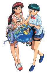 1990s_(style) 2girls 3girls 4boys blue_eyes blue_hair blue_shoes blue_shorts crossed_arms dress earrings flick fumizuki_mew hand_on_own_cheek hand_on_own_face hyper_dolls jewelry long_hair looking_at_viewer minazuki_mica mini_person miniboy minigirl monster multiple_boys multiple_girls non-web_source official_art polka_dot polka_dot_dress red_eyes red_hair retro_artstyle shirt shoes short_hair short_sleeves shorts simple_background smile sneakers striped_clothes striped_shirt stud_earrings vertical-striped_clothes vertical-striped_shirt white_background