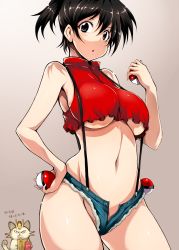 Rule 34 | 1girl, alternate eye color, alternate hair color, armpits, bare shoulders, black hair, blush, breasts, chestnut mouth, chibi, chibi inset, commentary request, cowboy shot, creatures (company), crop top, cutoffs, denim, denim shorts, game freak, gen 1 pokemon, gym leader, hand on own hip, highres, holding, holding poke ball, large breasts, long hair, looking at viewer, meowth, micro shorts, misty (pokemon), navel, nintendo, no bra, no panties, open mouth, poke ball, poke ball (basic), pokemon, pokemon: the electric tale of pikachu, pokemon (creature), red eyes, red shirt, shiny skin, shirt, shorts, side ponytail, simple background, sleeveless, sleeveless shirt, standing, suspenders, tsukasawa takamatsu, unbuttoned, underboob