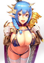 Rule 34 | 1girl, armor, blue bra, blue hair, blue panties, bra, braid, breasts, cleavage, covered erect nipples, elf, gloves, gradient background, grey background, hair between eyes, holding, holding sword, holding weapon, huge breasts, leaning forward, looking at viewer, ogino (oginogino), open mouth, original, panties, pointy ears, purple eyes, side braid, smile, solo, sword, thighhighs, underwear, weapon, white gloves, white thighhighs