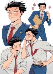 Rule 34 | 1boy, ?, ace attorney, belt, belt buckle, black belt, black hair, blue eyes, blue jacket, blue pants, blush, buckle, collared shirt, covering own mouth, embarrassed, feet out of frame, file, frown, full-face blush, hand on own hip, hand on own neck, highres, jacket, looking at viewer, looking to the side, male focus, necktie, necktie in pocket, pants, phoenix wright, pointing, pointing at self, pusna1031, red necktie, shirt, shirt tucked in, short hair, speech bubble, spiked hair, sweat, v-shaped eyebrows, white background, white shirt