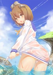 Rule 34 | 10s, 1girl, ass, bad id, bad pixiv id, brown eyes, brown hair, cameltoe, headgear, kantai collection, looking at viewer, open mouth, panties, pantyshot, short hair, solo, underwear, wet, wet clothes, white panties, wringing clothes, yellow eyes, yizhirenben, yukikaze (kancolle)