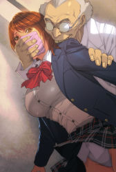 Rule 34 | breasts, hand covering mouth, highres, homare (fool&#039;s art), old, old man, school uniform, ugly man