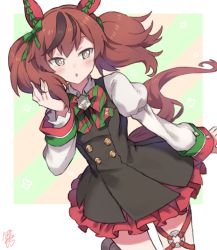 Rule 34 | 1girl, :o, animal ears, black dress, blush, botamochi (exwelder), bow, bowtie, bright pupils, brown hair, collared shirt, dress, ear covers, grey eyes, hand in own hair, hand up, horse ears, horse girl, horse tail, juliet sleeves, long sleeves, multicolored hair, nice nature (umamusume), pinafore dress, puffy sleeves, shirt, signature, sleeveless, sleeveless dress, solo, streaked hair, striped bow, striped bowtie, striped clothes, tail, thigh strap, twintails, umamusume, white pupils, white shirt