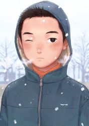 Rule 34 | 1boy, b gent, bare tree, black hair, breath, child, closed mouth, coat, cold, commentary request, day, hood, hood up, hooded jacket, jacket, looking at viewer, male focus, one eye closed, original, outdoors, short hair, snow, snowing, tree, winter, winter clothes, winter coat