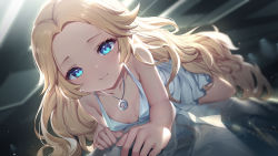 Rule 34 | 1girl, absurdres, bare arms, bare shoulders, blonde hair, blue eyes, blurry, blurry background, breasts, cleavage, commentary request, depth of field, dress, forehead, haze/reverb, highres, jewelry, long hair, lying, necklace, official art, on stomach, parted bangs, reflection, roi (liu tian), shidifenni (haze/reverb), short dress, sleeveless, sleeveless dress, small breasts, smile, solo, very long hair, white dress
