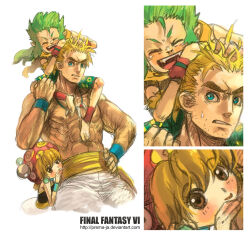 Rule 34 | 1girl, 2boys, age difference, ankle wrap, armlet, bare shoulders, black shirt, blonde hair, blue eyes, blush, brown eyes, capelet, carrying, child carry, close-up, closed eyes, final fantasy, final fantasy vi, gau, green hair, green shorts, hand on own hip, happy, jewelry, multiple boys, muscular, muscular male, necklace, nipples, piggyback, playing with another&#039;s hair, prema-ja, relm arrowny, sabin rene figaro, sash, shirt, shorts, smile, sweatdrop, tooth necklace, topless male, yellow capelet