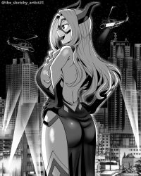 Rule 34 | 1girl, aircraft, artist name, ass, boku no hero academia, breasts, building, city, curly hair, dress, fake horns, giant, giantess, gloves, helicopter, highres, horns, large breasts, lights, long hair, mask, monochrome, mount lady, open mouth, sideboob, smile, solo, thighs