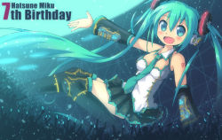 Rule 34 | 1girl, aki (akisora hiyori), black thighhighs, blush, breasts, detached sleeves, glowstick, gradient background, green eyes, green hair, hatsune miku, highres, long hair, looking at viewer, matching hair/eyes, open mouth, small breasts, smile, solo, thighhighs, twintails, very long hair, vocaloid