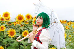 Rule 34 | 1girl, cosplay, cosplay photo, female focus, field, flower, flower field, green hair, hand on own face, kazami yuuka, lowres, nature, overcast, parasol, photo (medium), plaid, plaid vest, puffy sleeves, red eyes, short hair, sky, solo, sunflower, sunflower field, touhou, umbrella, vest