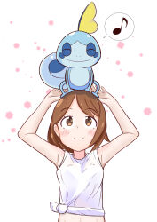 Rule 34 | 1girl, alternate costume, armpits, arms up, bare arms, blush, brown eyes, brown hair, closed mouth, commentary request, creatures (company), eyelashes, game freak, gen 8 pokemon, gloria (pokemon), highres, looking up, musical note, nintendo, on head, pokemon, pokemon (creature), pokemon on head, pokemon swsh, shirt, sleeveless, sleeveless shirt, smile, sobble, spoken musical note, tied shirt, tsukeasa (gduyz), white background, white shirt