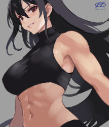 Rule 34 | 1girl, abs, alternate costume, artist logo, black hair, brown eyes, grey background, halterneck, haruto (harut n), kantai collection, long hair, midriff, nagato (kancolle), navel, one-hour drawing challenge, parted lips, smile, solo