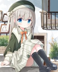 Rule 34 | 1girl, arm support, beret, black footwear, black socks, blue eyes, bow, brown bow, closed mouth, commentary request, green hat, green jacket, grey hair, hair between eyes, hat, jacket, knees up, loafers, long hair, long sleeves, looking at viewer, open clothes, open jacket, original, railing, shirt, shoes, sitting, sitting on stairs, skirt, sleeves past wrists, socks, solo, stairs, stone stairs, striped, striped bow, very long hair, white bow, white shirt, white skirt, yuuhagi (amaretto-no-natsu)