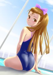 Rule 34 | 1girl, ass, blush, bow, brown eyes, brown hair, dutch angle, hair bow, idolmaster, idolmaster (classic), indoors, long hair, looking back, minase iori, one-piece swimsuit, ponnetsu, pool, poolside, rei no pool, sitting, smile, solo, swimsuit