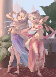 Rule 34 | 2girls, alternate costume, animal ear fluff, animal ears, anklet, arabian clothes, armlet, arms up, barefoot, blonde hair, blue eyes, blue hair, bracelet, breasts, carpet, colored inner animal ears, commentary, commission, dancing, dog ears, dog girl, english commentary, feet, full body, fuwawa abyssgard, hands up, harem outfit, highres, hololive, hololive english, jewelry, large breasts, middle eastern architecture, mococo abyssgard, multicolored hair, multiple girls, navel, outdoors, pink eyes, pink hair, plant, potted plant, revil0l, second-party source, siblings, sisters, small breasts, streaked hair, toes, twins, variant set, virtual youtuber